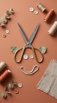 Charming sewing scissors face with eucalyptus ears and button eyes on terracotta background