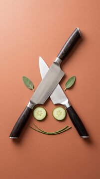Sharp crossed kitchen knives face with cucumber eyes and chive smile on terracotta background