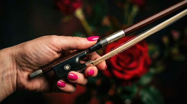 A woman's hand with bright pink nail polish holding a violin bow, with blurred red roses in the background, artistic and musical concept