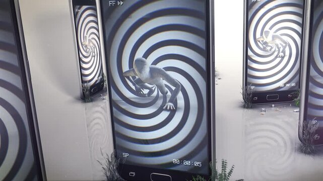 An abstract sequence representing the idea of how the addiction and obsession with being on your phone becomes a none physical prison that keeps you trapped in an endless cycle.
