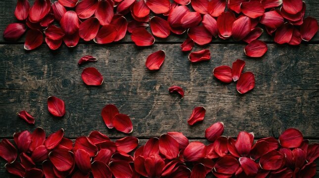 Many vibrant red rose petals scattered across a rustic dark brown wooden surface with visible grain texture and natural weathered wood planks