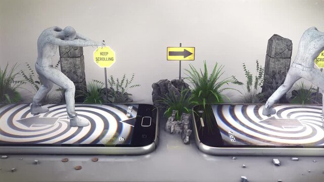 A symbolic depiction of how people are constantly chained to their phones as if under mind control, representing the idea that our smart phones are hypnotising us and dumbing us down, creating an unbr