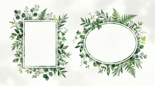 Two botanical frames with watercolor green leaves, ferns, and eucalyptus branches, isolated on a white background, wedding stationery