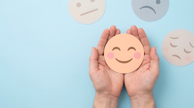 Hands holding paper smiley face circle with blue background featuring various emotion icons for mental health feedback or positive customer service evaluation survey.