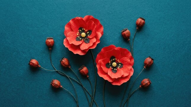 Two handmade red paper poppy flowers with black centers and several dried poppy seed pods on a textured dark teal blue paper background