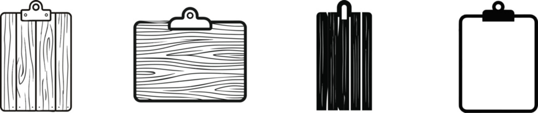 A premium black and white flat vector icon of a wooden clipboard for holding small macrame projects, solid black lines and fills, modern UI style, exclusive minimalist design, isolated on a pure