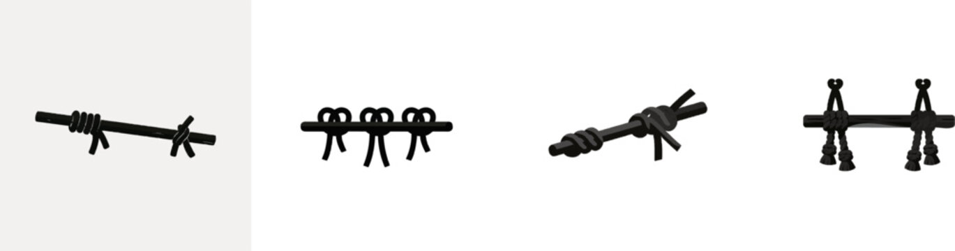 A premium black and white flat vector icon of a wooden dowel with several starter larks head knots attached, solid black lines and fills, modern UI style, exclusive minimalist design, isolated on a
