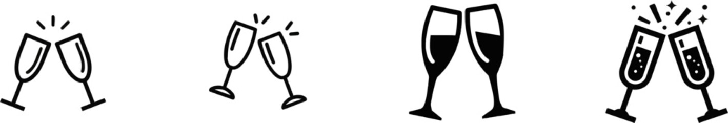 Fototapeta premium A premium black and white flat vector icon of clinking champagne flutes, solid black lines and fills, modern UI style, exclusive minimalist design, isolated on a pure white background