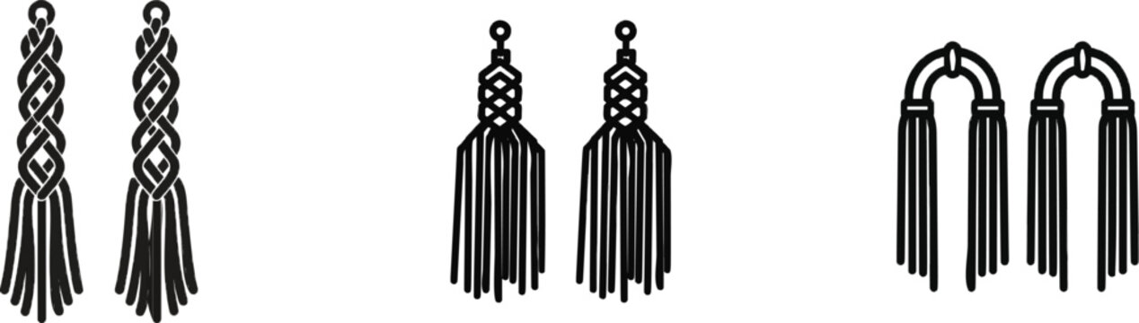 A premium black and white flat vector icon of dangling macrame fringe earrings with solid black lines and fills, showcasing a modern UI style and exclusive minimalist design against a pure white