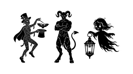 Fototapeta premium Set of vintage style black silhouettes featuring a magician a devil and a ghost for halloween designs