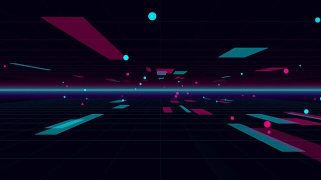 Abstract retro digital background with neon glowing lines and floating geometric shapes in a dark perspective grid space for futuristic technology and gaming design concepts