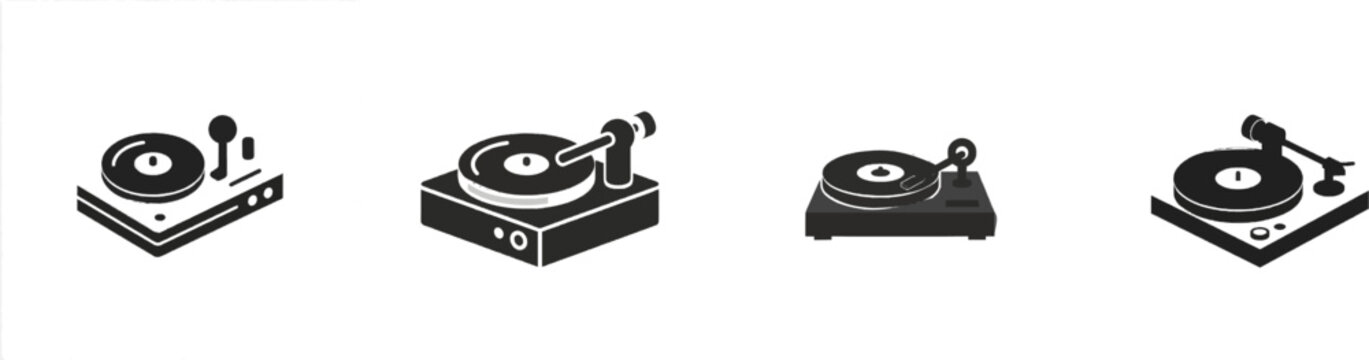 A premium black and white flat vector icon of a vinyl record player turntable features solid black lines and fills in a modern UI style with an exclusive minimalist design, isolated on a pure white