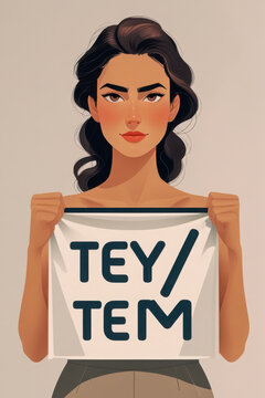 Non-binary person holds poster with new pronouns Tey Tem, reflect gender identity AI Generative
