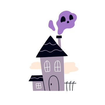 Spooky haunted house with ghost smoke from chimney. Creepy Halloween mansion. Scary frightening home with Helloween phantom. Horror building. Flat vector illustration isolated on white background.