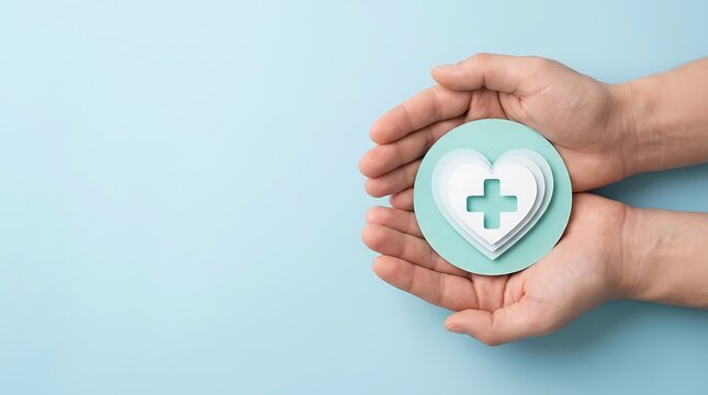 Hands gently holding layered paper heart with plus medical sign for health protection, healthcare concept on a light blue background, clean and modern.