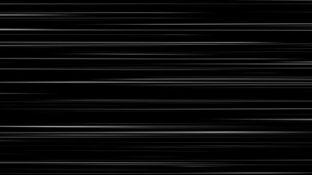 White radial comic light speed lines horizontal moving from right to the left on black background, Anime Speed Lines Background Animation, Right to Left speed lines moving with alpha channel.