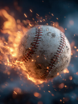 A dynamic, worn baseball engulfed in fiery flames and sparks, symbolizing intense action and passion in sports and competition moments