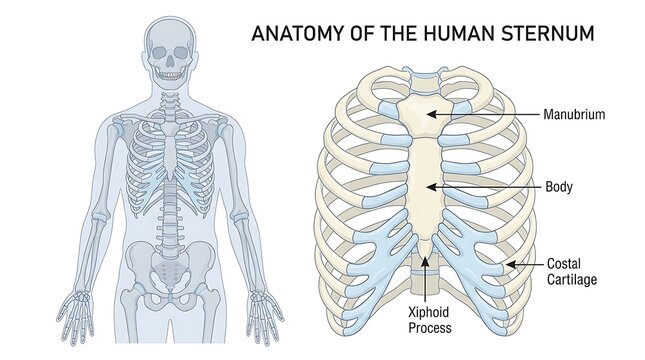 Anatomy of the human sternum and rib cage medical illustration with skeleton