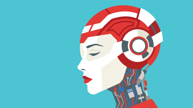 Female cyborg head with mechanical headgear and exposed neck circuitry flat vector illustration for artificial intelligence and automation branding