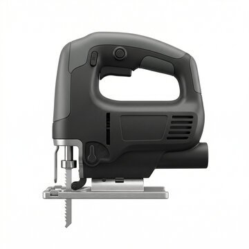 Electric jigsaw tool for woodworking with a black ergonomic handle  