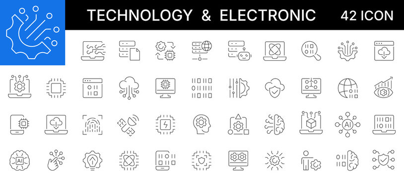 Technology and electronics line icon set. Hardware engineering, cloud computing, cybersecurity, binary code and microchip processor outline symbols. Editable stroke.