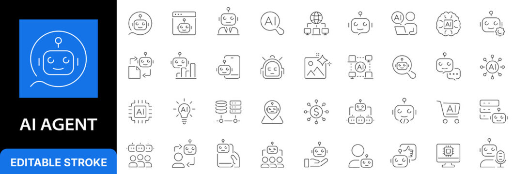 AI agent and autonomous bot line icon set. Artificial intelligence assistant, virtual chatbot, smart automation and machine learning outline symbols. Editable stroke.