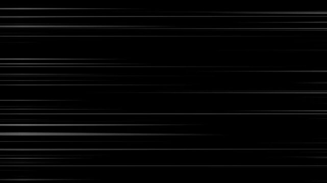 White radial comic light speed lines horizontal moving from right to the left on black background, Anime Speed Lines Background Animation, Right to Left speed lines moving with alpha channel.