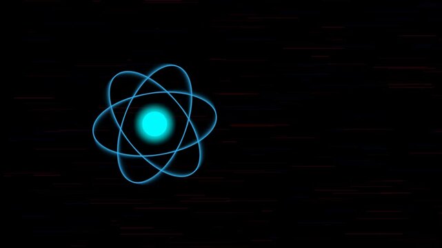 Glowing blue atom symbol with light trails on a dark black background representing science and technology concepts for research and education