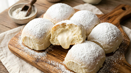 Fototapeta premium Soft milk buns dusted with powdered icing sugar filled with oozing cream milk lava on a wooden cutting board