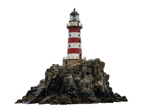 Red and white lighthouse on a rocky island isolated on white background