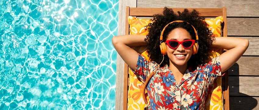Young woman with headphones and sunglasses relaxes on a chaise lounge by the turquoise swimming pool enjoying summer music, leisure and vacation concept.