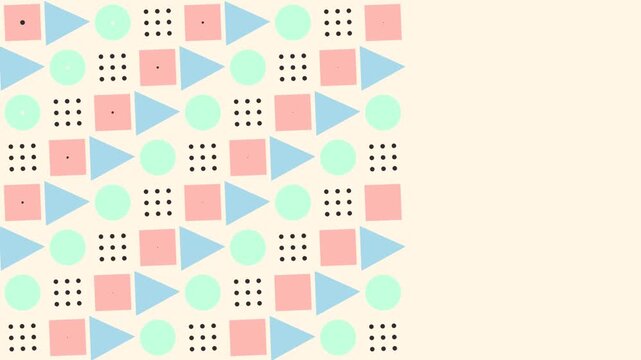 Seamless pattern with geometric shapes like triangles squares and circles in pastel colors with black dots