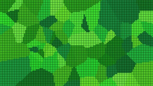 Abstract green pixel art background with a digital camouflage pattern made of small squares