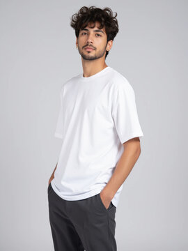 Man portrait white shirt gray pant curly hair young adult studio neutral background standing with calm expression
