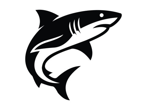 A stylized black and white graphic illustration of a jumping shark created in a bold artistic vector style and isolated on transparent background