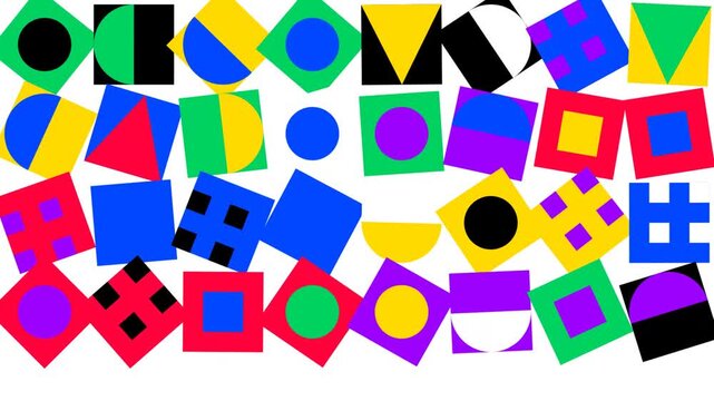 Abstract pattern with colorful geometric shapes including squares circles and triangles in bright vibrant colors for modern graphic design and creative background textures