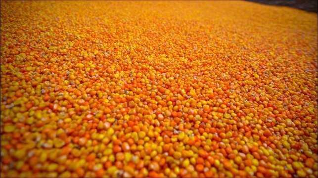 Massive pile of harvested golden corn kernels background close up