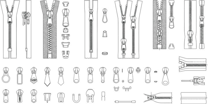 Assorted zipper types sliders and apparel hardware collection technical flat fashion sketch vector illustration
