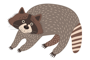 Obraz premium Raccoon walking with striped tail and patterned fur. Flat animal illustration isolated on transparent background. Woodland wildlife concept. Design for poster, print, sticker, wallpaper, card