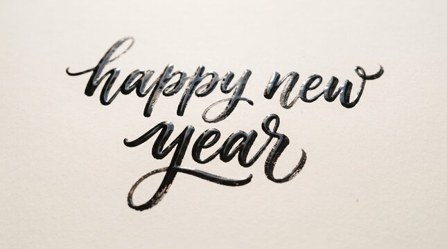 happy new year written in elegant black brush calligraphy on textured white paper under warm natural light