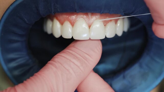 Close up shot of dentist cleaning patient teeth with dental floss in clinic