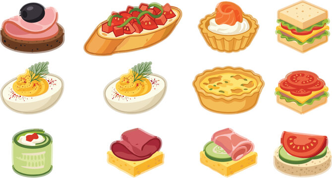  Gourmet Finger Food and Canape Icon Set Featuring Bruschetta Club Sandwiches Tartlets Deviled Eggs Quiche and Prosciutto Appetizers for Catering Menu Vectors