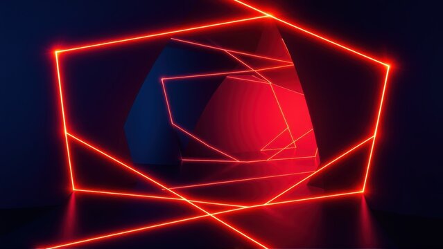 Neon lines form geometric shapes within dark space. Red glow illuminates abstract composition, creating futuristic feel. Reflections visible.