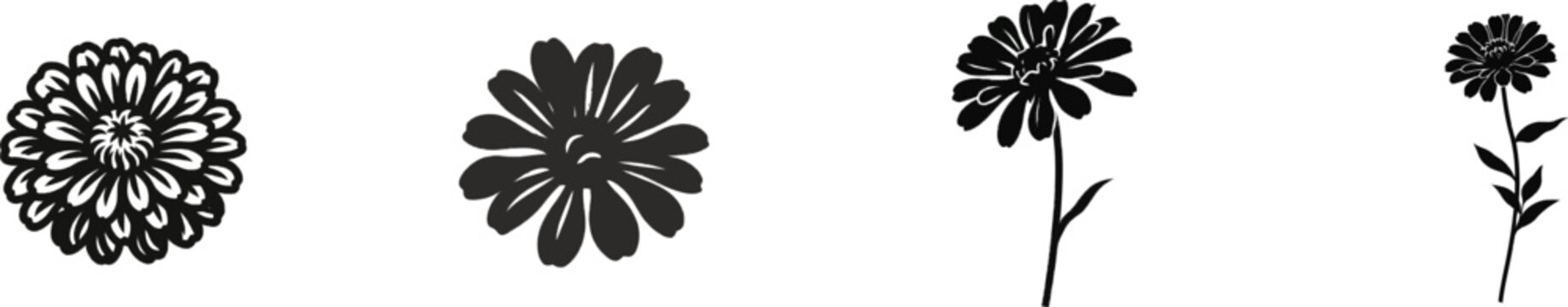 A premium black and white flat vector icon of a dried zinnia flower, solid black lines and fills, modern UI style, exclusive minimalist design, isolated on a pure white background