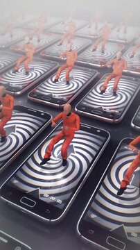 An abstract representation illustrating how smart phones are turning people into mindless dummies addicted to absorbing useless information. 

