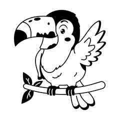 Naklejka premium A glyph toucan perches on a leafy branch with its large yellow beak and dark wings, presenting a bright tropical bird character with a cheerful cartoon look.