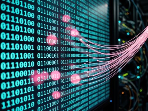 Fiber optic cables transmitting data with glowing binary code interface