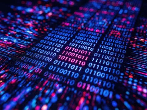 Glowing binary code streams moving through dark digital network space