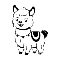 Naklejka premium A fluffy cream llama stands calmly in a glyph decorative blanket, presenting a gentle farm animal mascot with a sweet and cheerful cartoon expression.