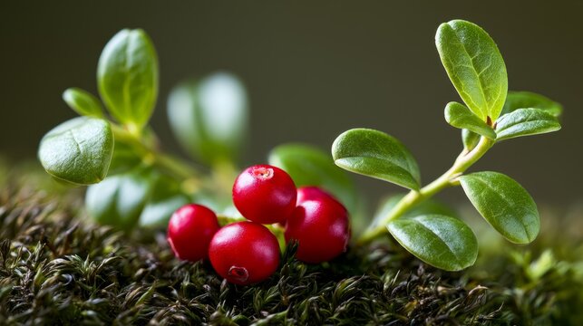 Checkerberry fruits and green leaves on forest moss, wild nature and harvest concept
